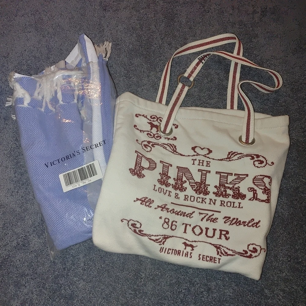 Victoria's Secret Cream and Red Retro Tote And Blanket Bundle.
